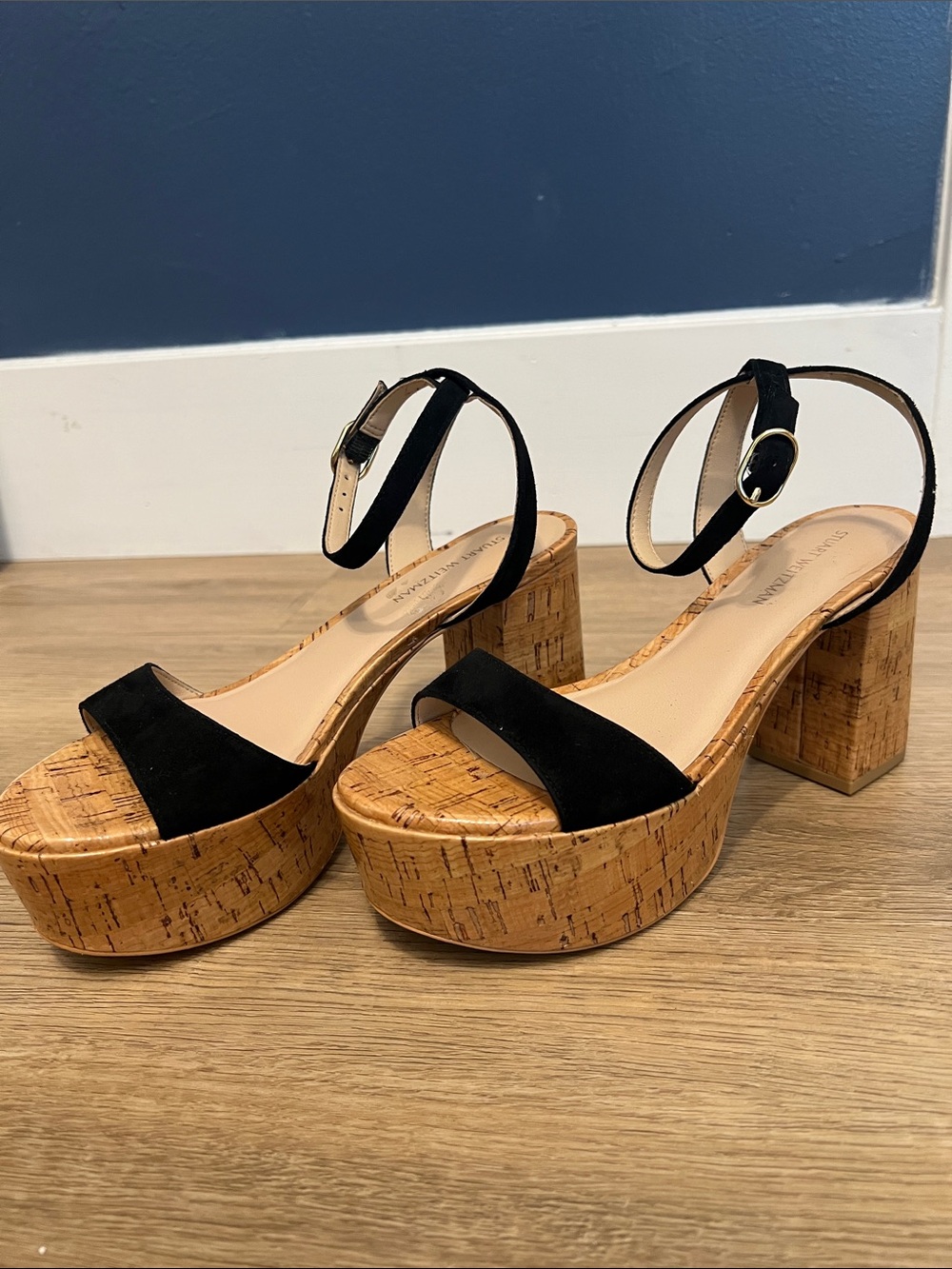 Stuart Weitzman Black Suede Cork Platform Sandals